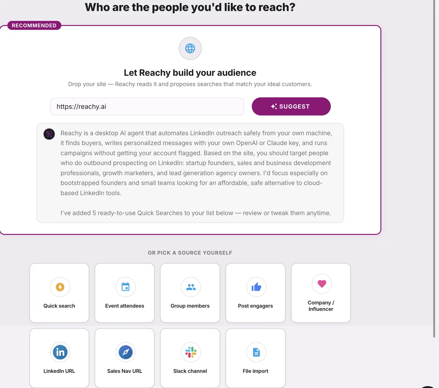 Reachy building an audience from a website URL, with signal sources: events, groups, post engagers, Slack channels