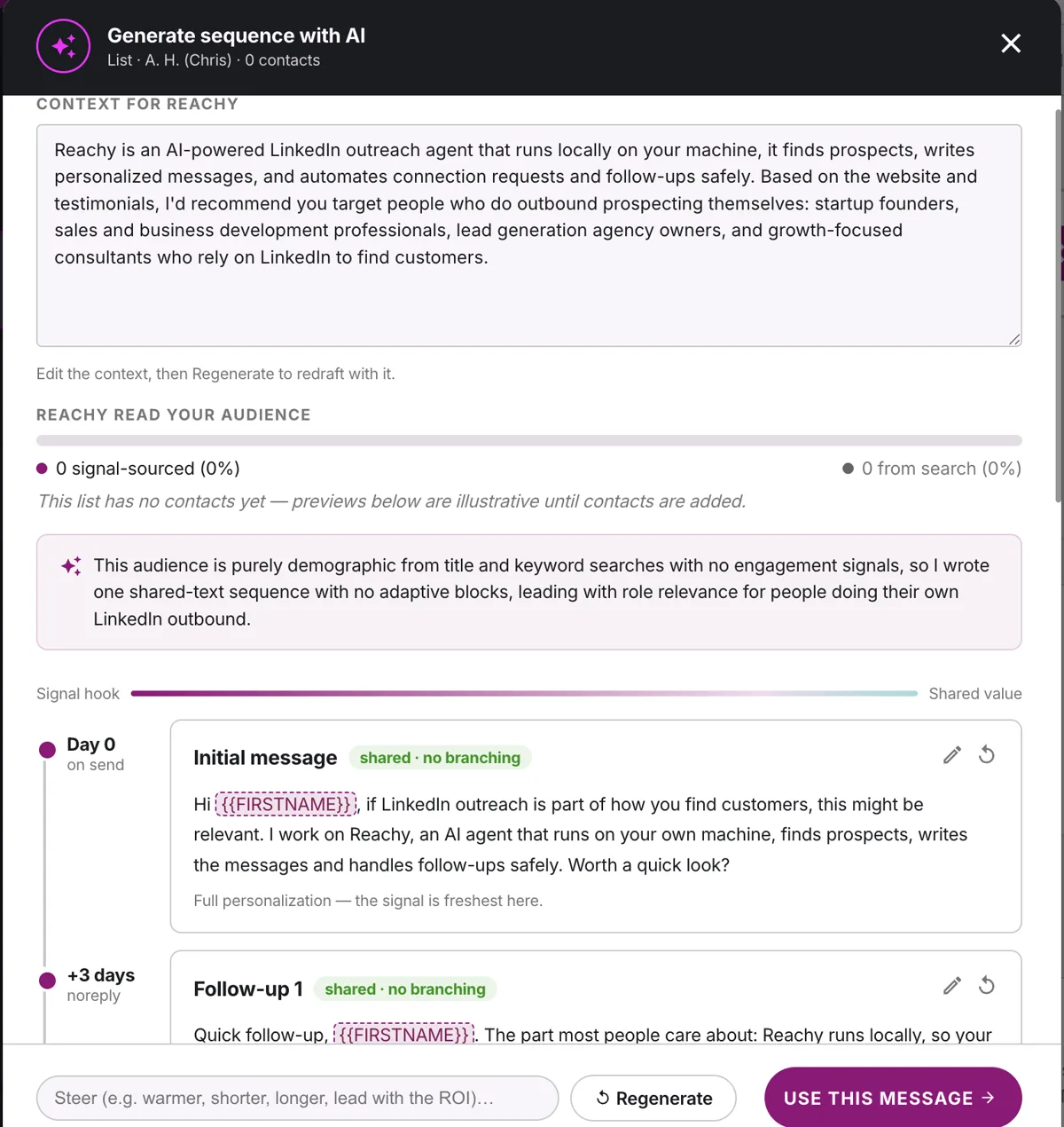 Reachy generating a message sequence with AI, with audience analysis and editable follow-ups